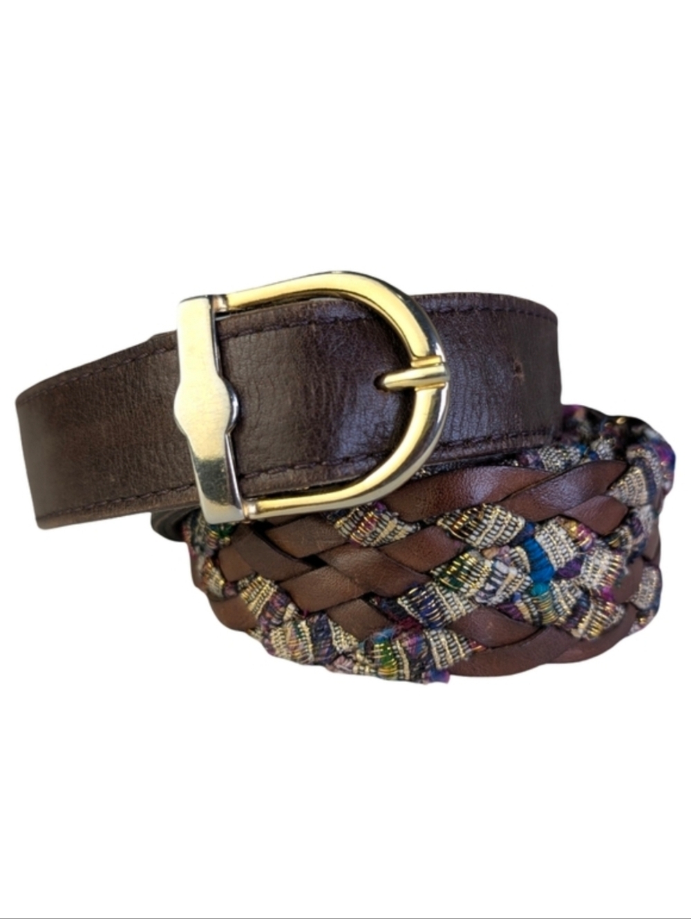 Braided Leather Belt with Metallic Woven Detail Boho Western | Waist 34.5"–38.5"